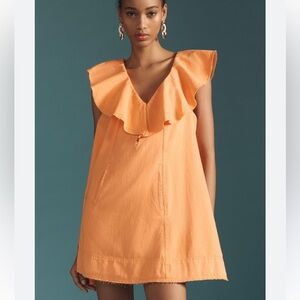 PILCRO RUFFLE V NECK ORANGE MINI SHIFT DRESS LARGE